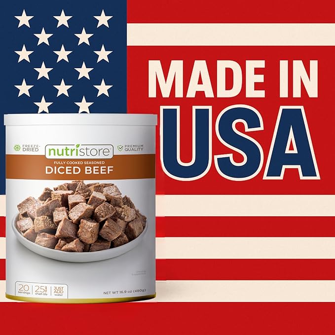 Nutristore Freeze Dried Beef Dices | Pre-Cooked Meat for Backpacking, Camping, Meal Prep | Long Term Survival Emergency Food Supply | 25 Year Shelf Life | Bulk #10 Can | Made in USA | 20 Servings