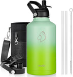 BUZIO 64oz Insulated Water Bottle, Triple Wall Stainless Steel (Cold for 48 Hrs) Leakproof Half gallon Jug/Flask with Straw Lid and Carry Bag for Sports Hiking, Camping, Gradient Green