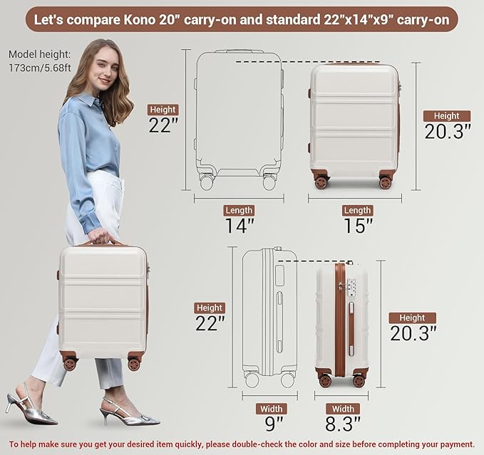Kono 20'' Carry on Luggage Lightweight with Spinner Wheel TSA Lock Hardside Luggage Small Carry on Suitcase Cream White