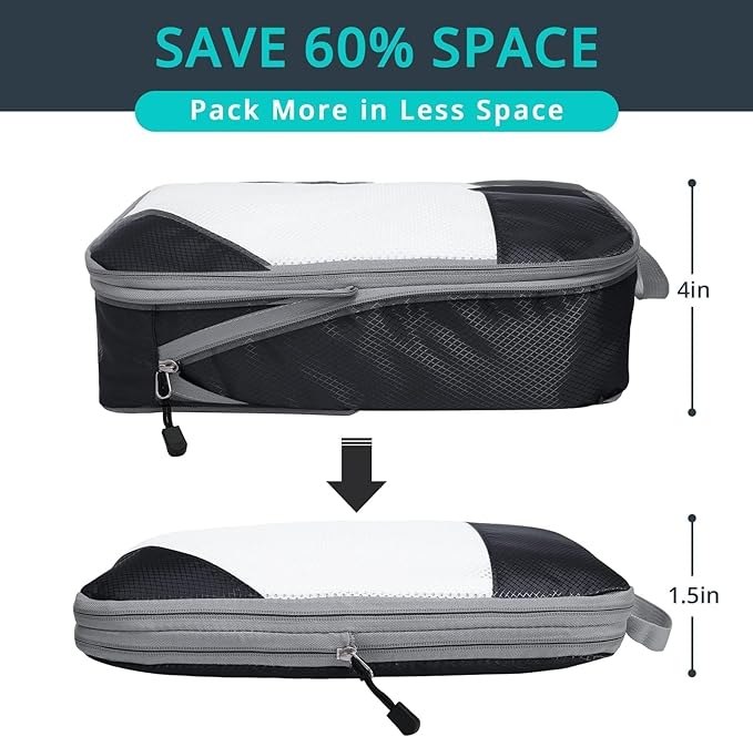3 Set Compression Packing Cubes for Travel - Compressible, Lightweight, and Space-Saving Packing Cubes, Travel Essentials for Women, Black