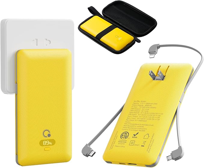 10000mAh Portable Charger with Built-in Cables and AC Wall Plug, USB C Fast Charging Power Bank with 3 Cords,5 Output External Battery Pack Compatible with iPhone,Tablet and All Smart Phones Yellow
