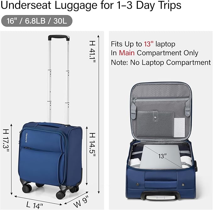 Hanke 16 Inch Underseat Carry On Luggage with Spinner Wheels Airline Approved, Small Rolling Suitcase Softside Underseater Lightweight TSA Travel Roller Suitcase Carry-On Bag(Blue)