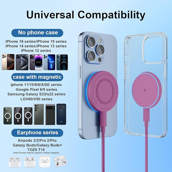 MagSafe Charger 2 Pack 15W Magnetic Wireless Charger Fast Charging Pad Compatible with iPhone 17/16/15/14/13/12 Series & AirPods 4/3/2/Pro Magnetic MagSafe Charging Pad with Dual Ports-Purple
