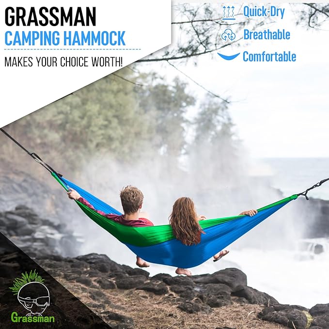 Grassman Camping Hammock Double & Single Portable Hammock with Tree Straps, Lightweight Nylon Parachute Hammocks Camping Accessories Gear for Indoor Outdoor Backpacking, Travel, Hiking, Beach