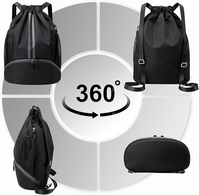 Hoedia Sports Drawstring Backpack - String Swim Gym Bag with Shoes Compartment and Wet Proof Pocket for Women&Men