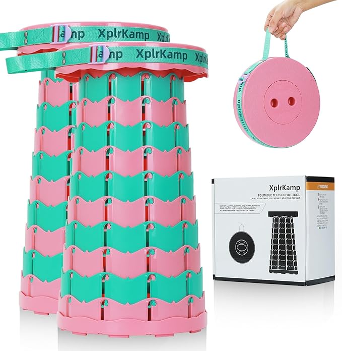 Retractable Folding Stool - Heavy Duty 400 lb Collapsible Portable Stool for Camping, Hiking, Fishing, Indoor/Outdoor with Non-Slip Base and Lightweight Design (Pink Green, 2-Pack)