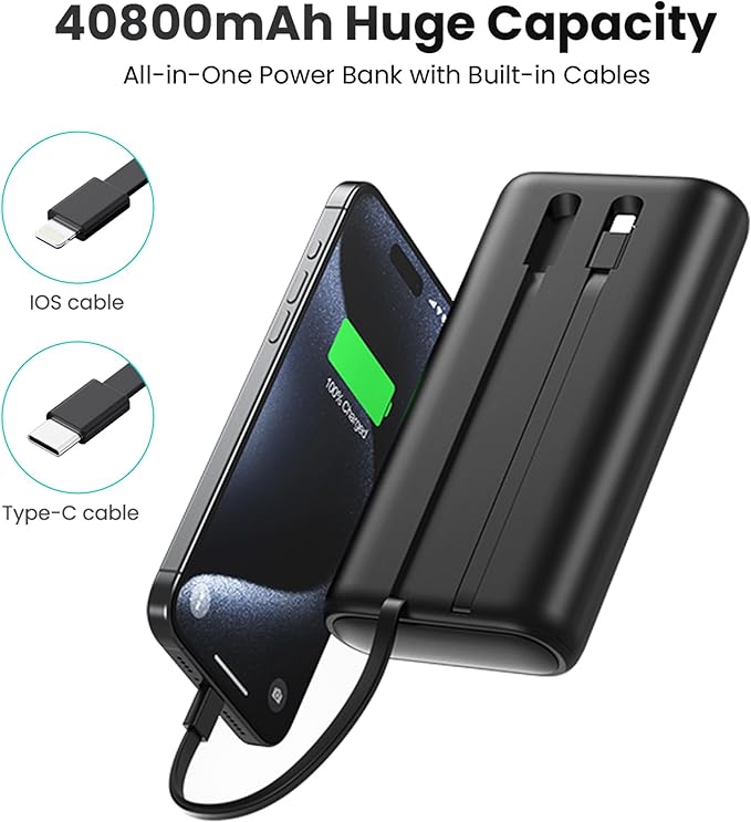 Portable Charger 40,800mAh Power Bank 25W Portable Battery Pack with 2 Built in Cables [2024 Upgraded], PD QC4.0 Fast Charging Portable Phone Charger Compatible with iPhone 16/15,Android Samsung-Black