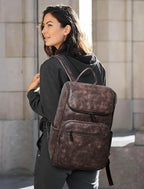 Leather Backpack for Women, Fits 17 Inch Laptop in Main Compartment, Dedicated 15.6 Inch Padded Sleeve, Large Vegan Leather Travel Computer Bag with Luggage Strap for Business and Work, Coffee