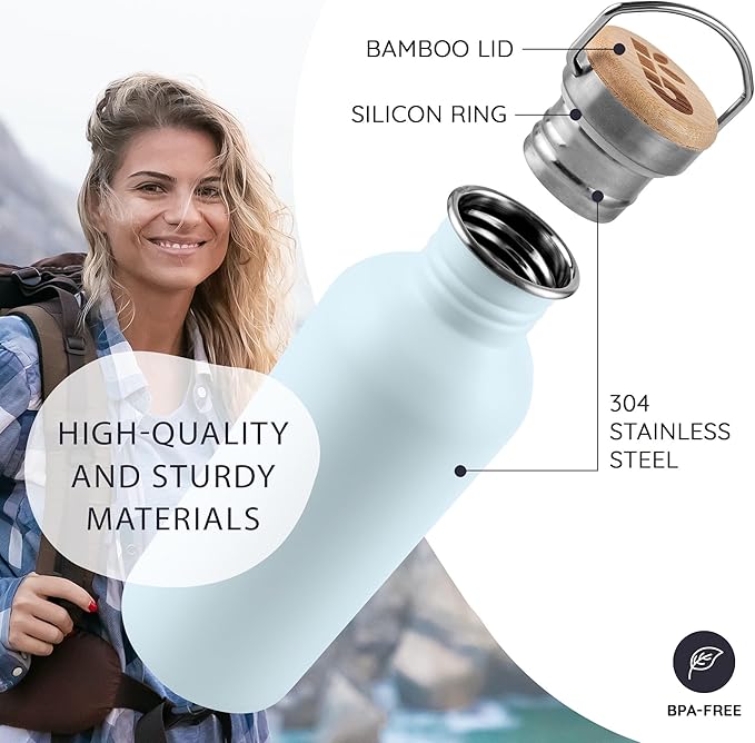 Bambaw Metal Water Bottle 750 ml, Light Blue Sports Bottle, Non-Insulated Water Bottle, Stainless Steel Bottle 750 ml, Stainless Steel Bottle – Nordic Blue