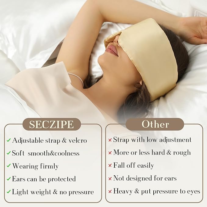 100% Mulberry Silk Sleep Mask Eye Mask for Women Man with Adjustable Band, for Side Sleeper Blackout Sleep Mask for Travel Rest and Office (Gold)