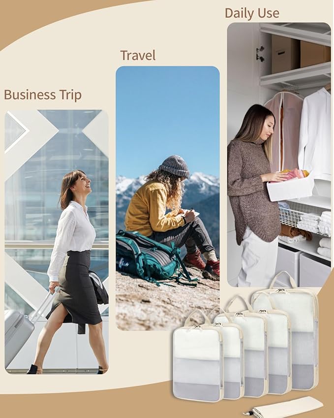 ECOHUB 6 Set Compression Packing Cubes, Lightweight Beach Vacation Travel Essentials Durable Travel Accessories for Suitcase Carry On Luggage Organizer Bags with YKK Zippers Shoe Bag, Beige