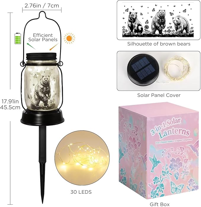 kyoryuger Bear Gifts for Women/Men Bear Lovers Solar Lantern Mom Birthday, Mothers Day, Solar Garden Decoration Outside for Yard, Patio,Backyard,Porch, Torches