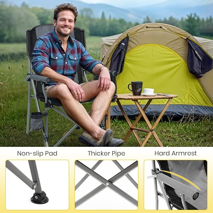 XGEAR Camping Chair with Padded Hard Armrest, Sturdy Folding Camp Chair with Cup Holder, Storage Pockets Carry Bag Included, Support to 400 lbs