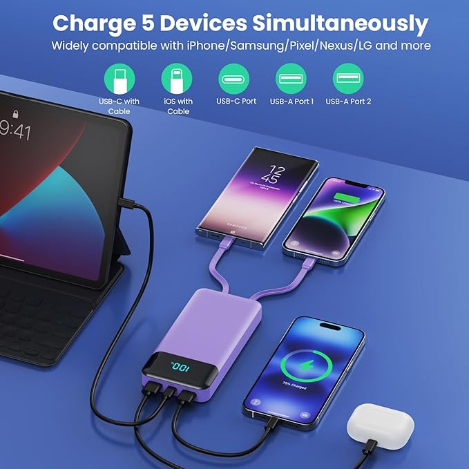 Portable Charger 40800mAh with 3 Built-in Cable,PD 25W USB C in&Out Power Bank Fast Phone Charging,QC4.0 LED Display 5 Output External Battery Pack Compatible with iPhone 16/15,Samsung Android-Purple