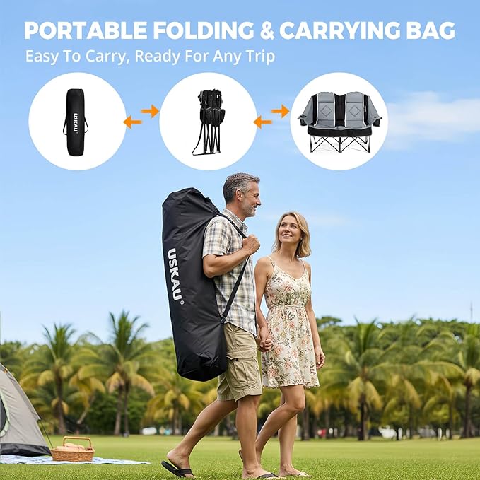 Double Camping Chair for Adults Oversized 2 Person Loveseat Chair for Heavy People, Folding Padded Outdoor Seat with Cup Holders & Carry Bag, 660 lbs Capacity, for Camping, Sports, Backyard
