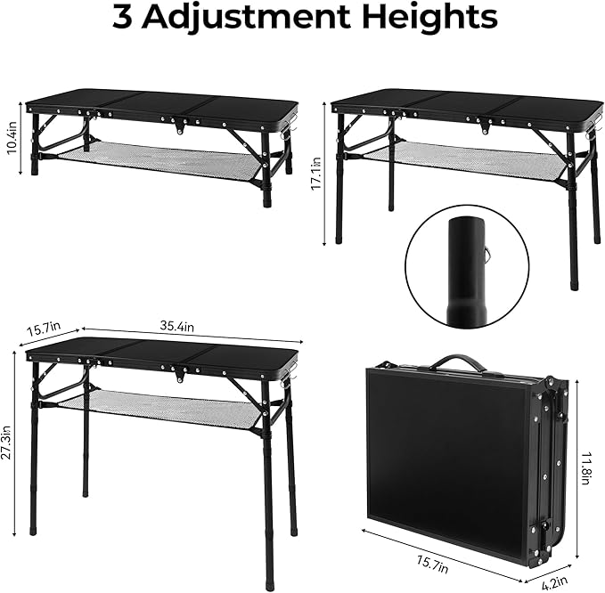 Folding Camping Table with Storage Net,3ft Portable Aluminum Picnic Table with 3 Adjustable Height Max 27.3 Inch for Outdoor Backyard BBQ Camp Cooking Tents Beach Indoor Bedroom（Black）
