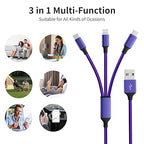 Multi Charging Cable(2Pack 4FT), Nylon Braided 3 in 1 Universal Charger Cable Multiple Charger Cord with Type-C/Micro USB and IP Port, Compatible with Most Cell Phones（Purple）