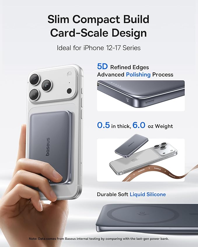 Baseus Picogo Power Bank, 0.5" Ultra Slim 10000mAh MagSafe Portable Charger, Upgraded CCC Certified 27W Fast Charging Magnetic Battery Pack, Alloy Wireless Charger for iPhone 17/16/15/14/13/12
