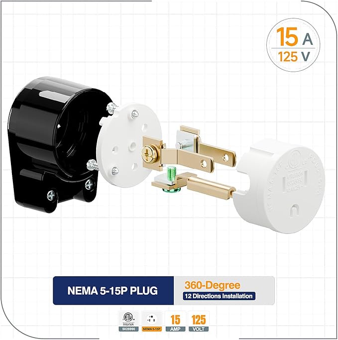 ETL Listed 90 Degree USA Canada Male Plug Nema 5-15P 3 Pole Angle DIY, 15A 125V USA 3Pin Right Angle AC Plug, Nema 5-15P Angled Rewireable