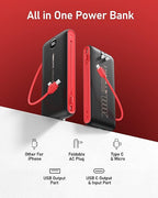 VEEKTOMX Portable Charger with Built in Cables 20000mAh, Power Bank for iPhone with AC Wall Plug, Fast Charging USB C Slim Battery Pack with LED Display Compatible with iPhone15/14/13, Samsung