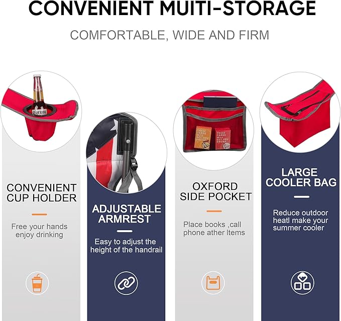 Colorsoul Oversized Folding Camping Chair, Outdoor Padded Camping Chair Support 300 LBS with Cup Holder and Cooler Bag, Portable Lawn Chair for Beach Picnic Sports, (Red)