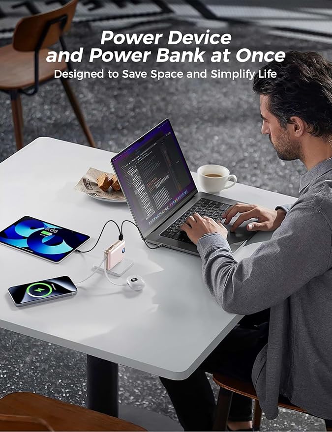 Portable Charger 10000mAh with Built-in Cables and AC Wall Plug, 22.5W Fast Charging Power Bank with LED Display for iPhone 17/16, Samsung, Android Devices, Camping, Road Trips and Travel, Pink
