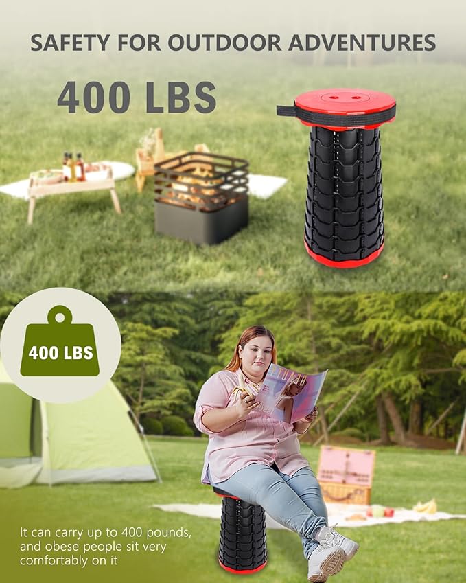 Upgraded Foldable Thickened Collapsible Stool, Portable Folding Seat, Adjustable Height Retractable, Suitable for Fishing, Hiking, Camping, BBQ, Party, Outdoor (Black and Red)