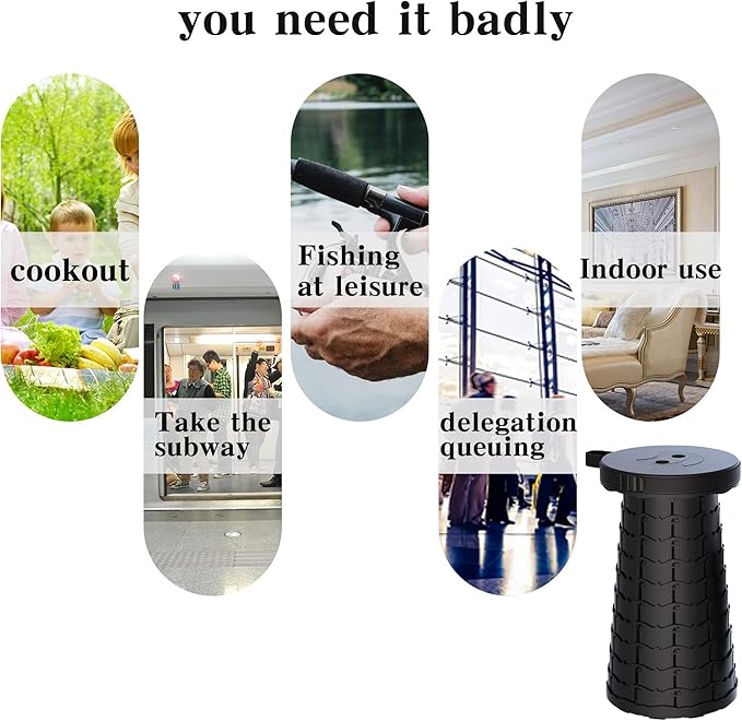 ALEVMOOM Collapsible Stool with Cushion, Portable Telescoping More Sturdy Load Capacity 200kg, Retractable Adjustable Camping Folding Stool for Outdoor Hiking BBQ Climb