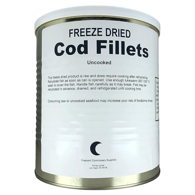 Military Surplus Freeze Dried Cod Fillets 9 Oz Long Shelf Life Emergency Food Survival, Camping Food & Prepper Supplies No Preservatives #10 Size Cans 25+ Year Shelf Life Canned Meat Pack of 1