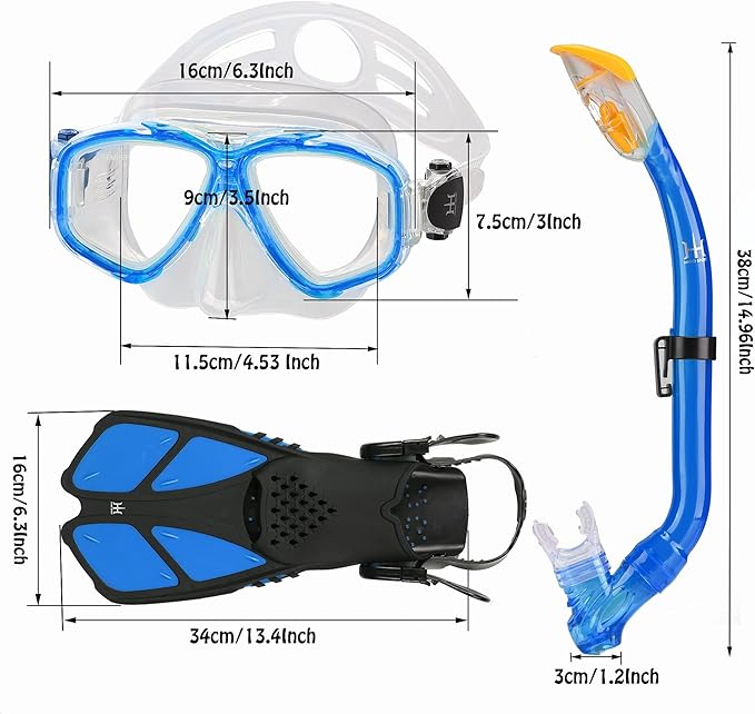 Kids Mask Fins Snorkel Set Snorkeling Packages, with Diving Mask, Snorkel, Adjustable Swim Fins, Mesh Bag, Anti-Fog Anti-Leak Snorkeling Gear for Kids for Snorkeling Swimming Diving