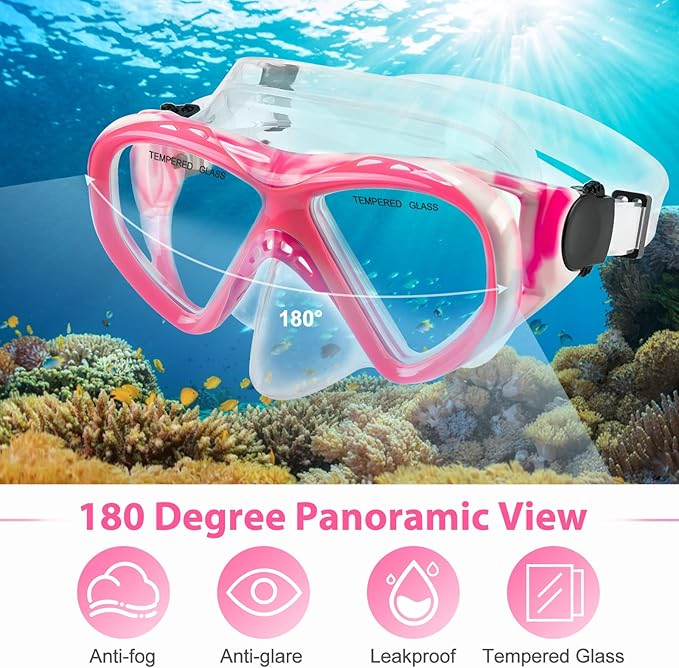 Kids Snorkel Set Dry Top Snorkeling Gear for Kids Youth Boys Girls Junior Age 5-15,Tempered Glass Swimming Diving Mask and Snorkel Set 180 Degree Panoramic View
