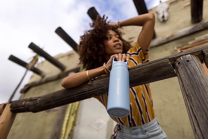 LifeStraw Go Series — Insulated Stainless Steel Water Filter Bottle for Travel and Everyday Use Removes Bacteria, Parasites and Microplastics, Improves Taste, 24oz Icelandic Blue