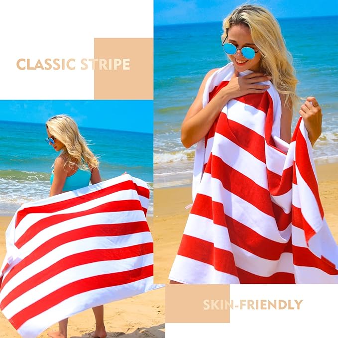 Exclusivo Mezcla 2 Pack Cotton Oversized 35x70 Inches Cabana Stripe Beach Towels, Super Absorbent Soft Plush Pool Bath Towel (Red)