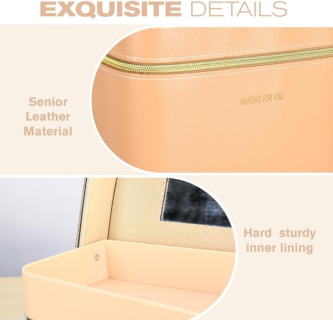 Fashion makeup box, Portable leather hard cosmetic case with mirror, Professional train case make up box for women adults. (Double- yellow)