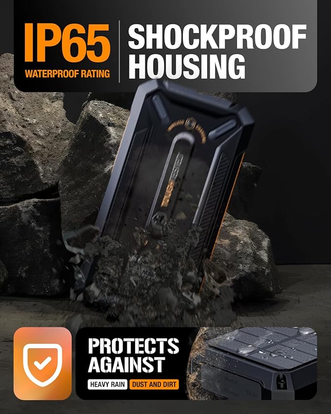 ToughTested 16,000 mAh Fast Charging Solar Power Bank, Portable Solar Charger External Battery Bank with Wireless Charging | IP65 Waterproof, Dustproof, Shockproof for Camping, Travel & Emergency Use