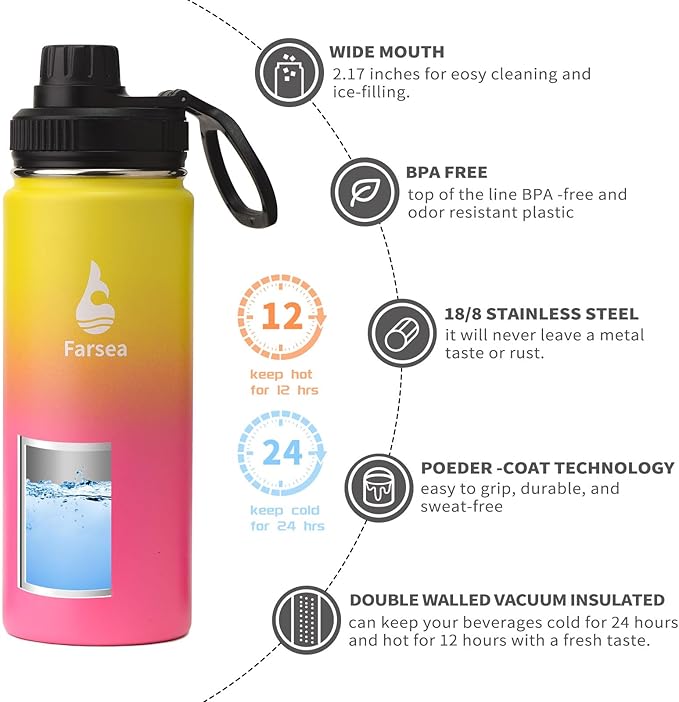Farsea Insulated Water Bottle With Paracord Handle, Protective Boot and 2 Lids (Straw Lid & Spout Lid), Stainless Steel Water Bottle Wide Mouth, Double Wall Sweat-Proof BPA-Free, 18 oz