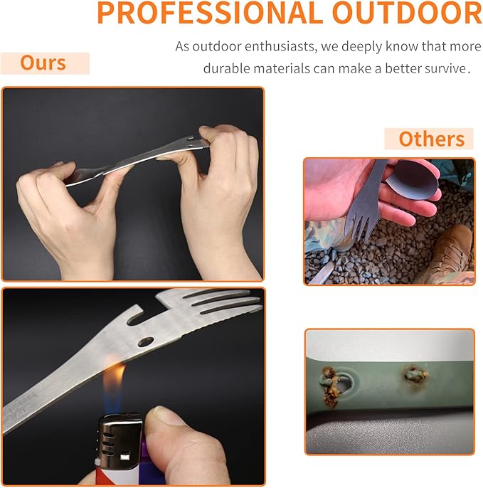 PSKOOK 5-in-1 Utility Tactical Spork, Stainless Steel Spoon & Bottle Opener, Fork & Knife, Can Opener Combo Camping Utensil for Hiking, Camping or Backpacking (Black)