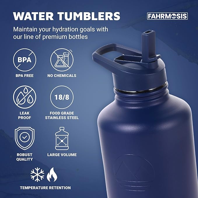 64 Oz Insulated Water Bottle with Strap Stainless Steel Sports Water Bottle with 3 Lids (Straw, Chug and Flip Lid) Leak Proof Metal Half Gallon Jug for Men & Women - Navy Blue