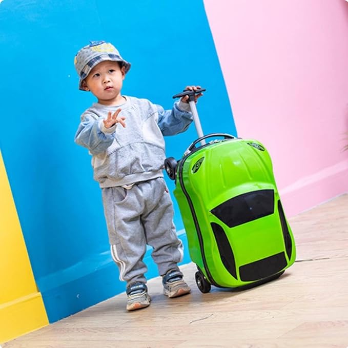 Kids Car Shaped Luggage Telescopic Handle Child's Sit on Suitcase Lightweight 3D Cartoon Car Suitcase for Young Children, Vacation, Airport, Green