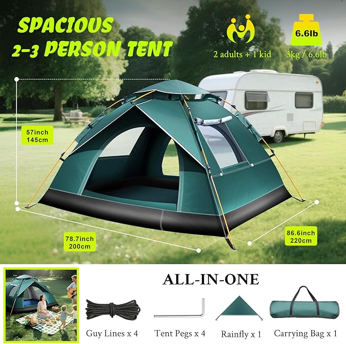 FUNANASUN 2-3 Person Camping Tent Automatic Instant Pop-Up Tents for Camping Easy and Quick Setup Camping Tent Waterproof Tent Family Tent for Camping/Backpacking/Hiking/Beach/Backyard/Outdoor Events