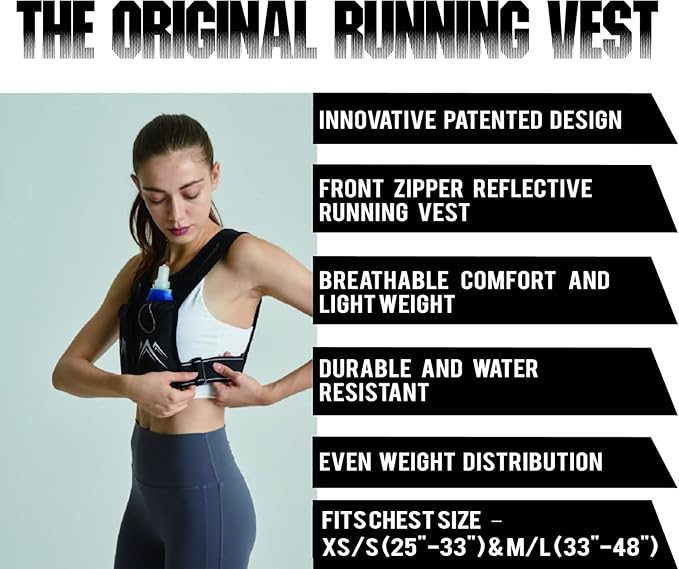 REVALI Zip Reflective Running Vests with Hydration Bottle, Adjustable Waistband & Breathable Material, Chest Pack Gear Phone Holder for Men & Women