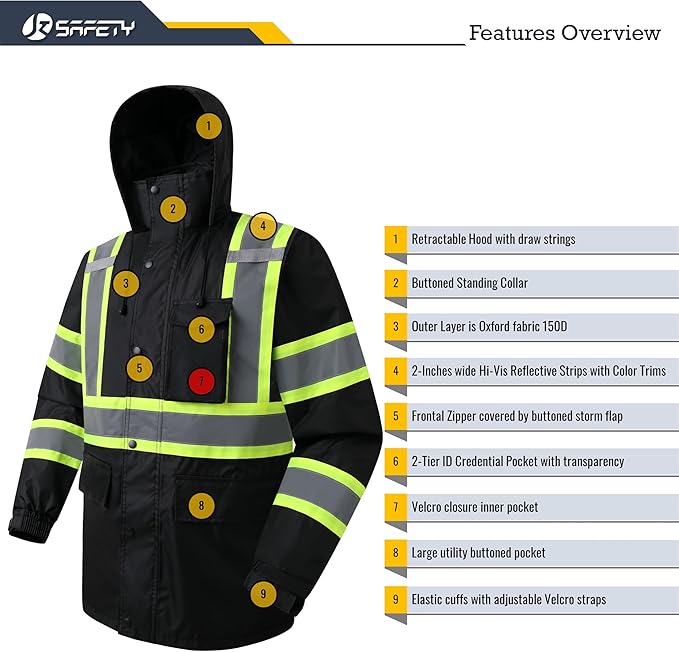 JKSafety Hi-Vis Reflective Safety Rain Jacket and Pants for Men Women Waterproof Rain Gears for Farming Fishing Work HV Rain Suit with Inner Mesh Lining and Pockets (117-Black L)