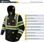 JKSafety Hi-Vis Reflective Safety Rain Jacket and Pants for Men Women Waterproof Rain Gears for Farming Fishing Work HV Rain Suit with Inner Mesh Lining and Pockets (117-Black XXL)