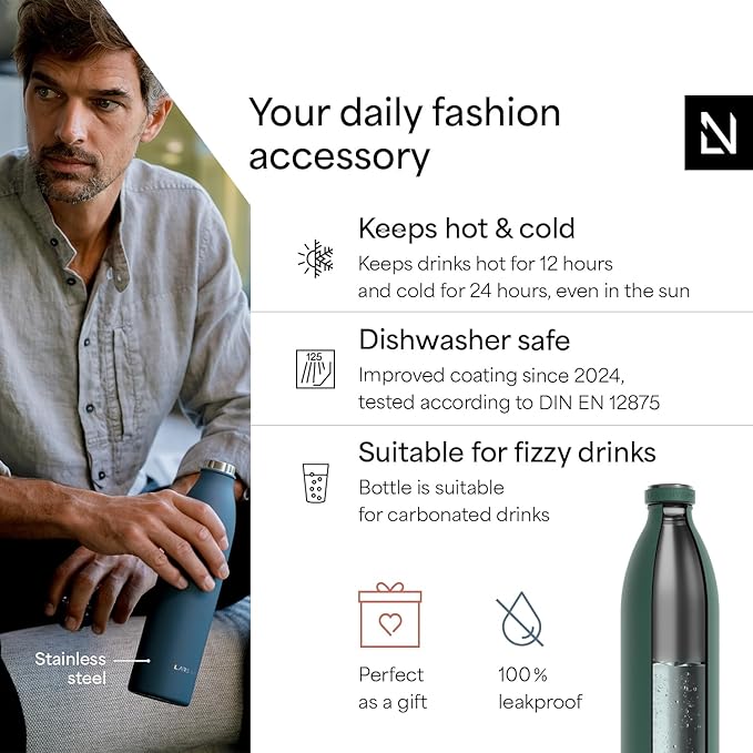 LARS NYSØM Stainless Steel Insulated XL Water Bottle 12 oz 17 oz 25 oz 34 oz 51 oz | Insulated Thermo Flask for Hot and Cold Beverages | Leakproof Drinking Bottle (Pine Green, XL 50.7 oz)