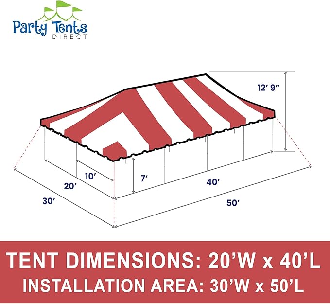 Party Tents Direct 20'x40' Weekender Canopy Pole Tent - Easy Up Canopy Tent with 160 Person Capacity - Outdoor Canopies for Parties, Weddings, & Events (Red/White Top)