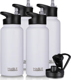 HASLE OUTFITTERS 32 oz Insulated Water Bottle Stainless Steel Double Walled Vacuum Sports Water Bottle with 2 Lids (Straw and Spout Lid) for Gym Camping Hiking(White,4)