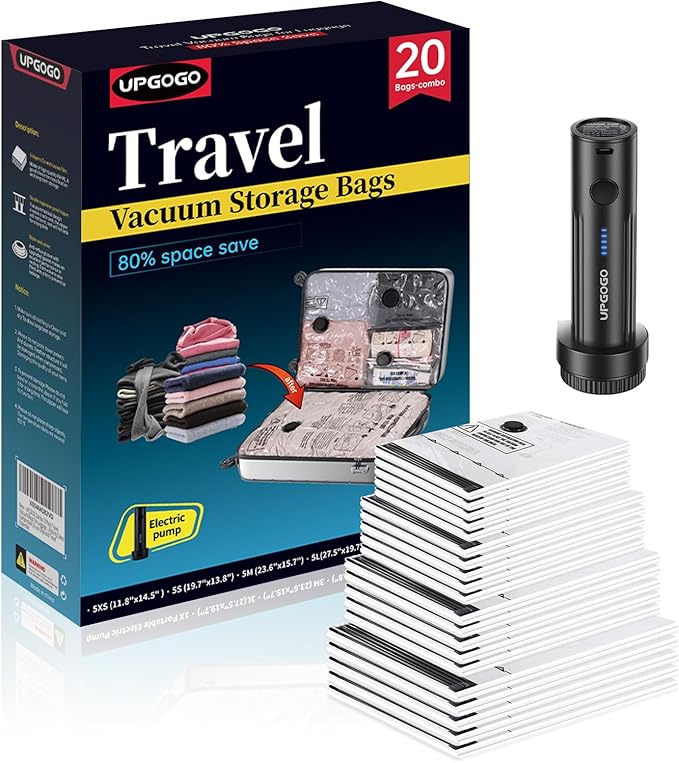 Combo 20 Pack Travel Vacuum Bags for Luggage with Portable Electric Pump,Vacuum Seal Bags for Clothing,Packing Cubes Compression,Cruise Ship and Travel Essentials