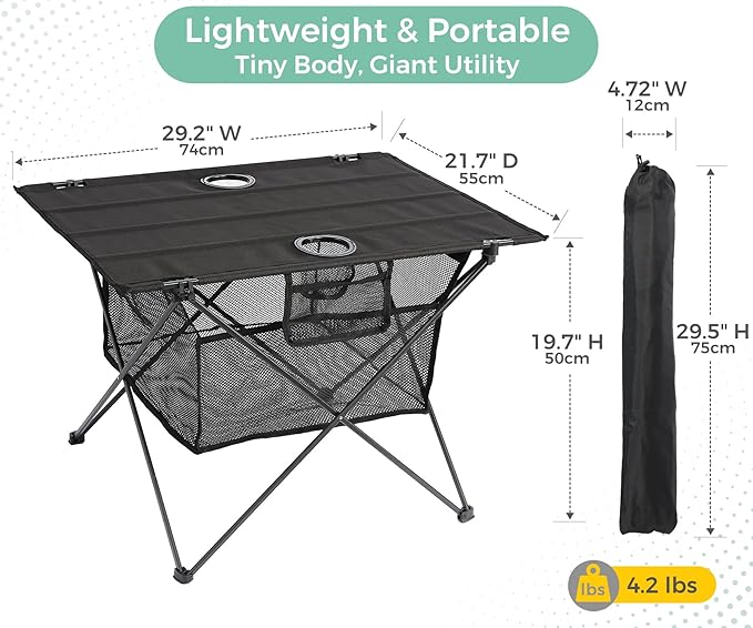Lightweight Portable Fabric Camping Table with Cup Holders - Fold Up Beach Side Table with Large Storage Basket, Collapsible & Compact for Fishing Outdoor Picnic, 29.2" W x 21.7" D (Black)