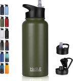 HASLE OUTFITTERS 32 oz Insulated Water Bottle Stainless Steel Double Walled Vacuum Sports Water Bottle with 2 Lids (Straw and Spout Lid) for Gym Camping Hiking（Army Green,1）