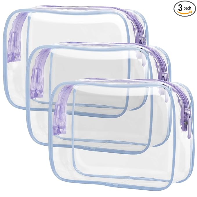 PACKISM Clear Toiletry Bag - 3 Pack Quart Size TSA Approved Toiletry Bag, Travel Makeup Cosmetic Bag for Women Men, Carry on Airport Airline Compliant Bag, Purple